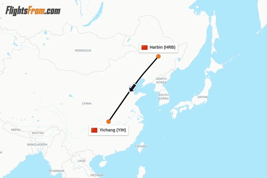 Flights from Harbin to Yichang route map