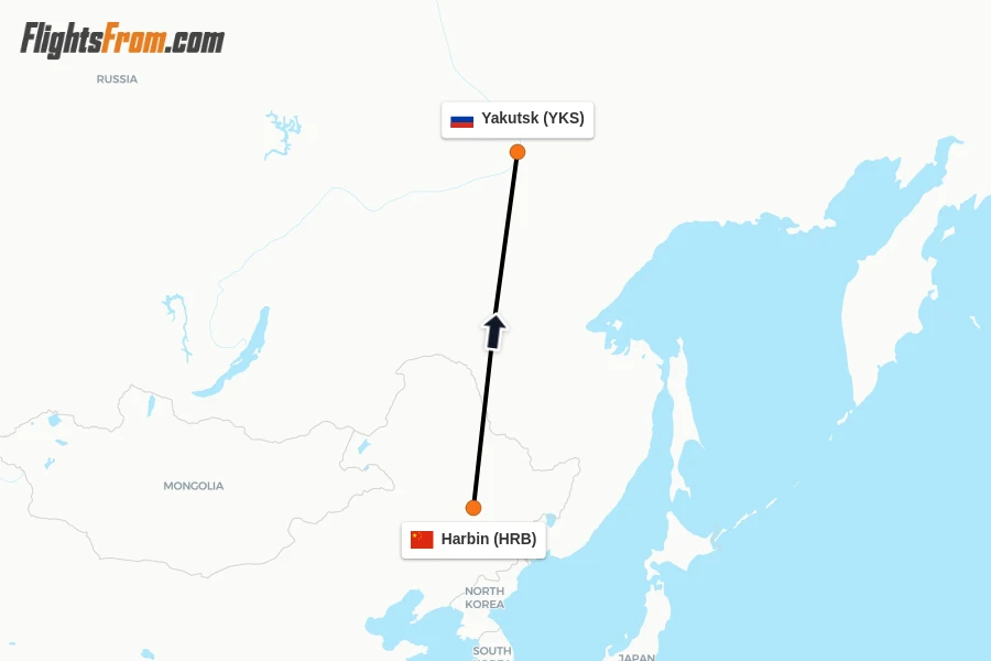 Flights from Harbin to Yakutsk route map