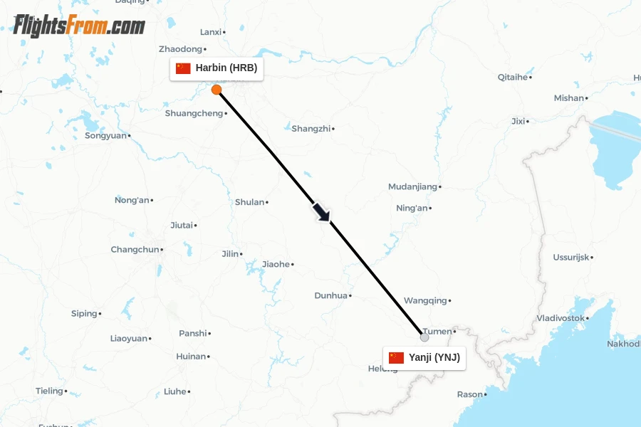 Flights from Harbin to Yanji route map