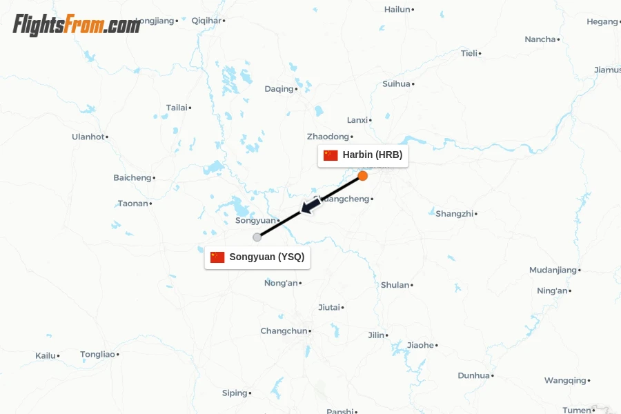Flights from Harbin to Songyuan route map