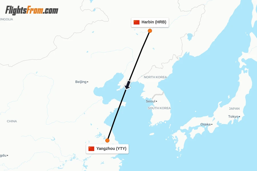 Flights from Harbin to Yangzhou route map