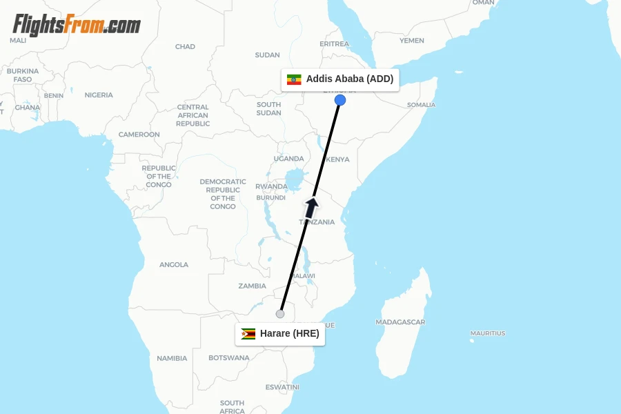 Flights from Harare to Addis Ababa route map