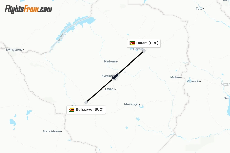 Flights from Harare to Bulawayo route map