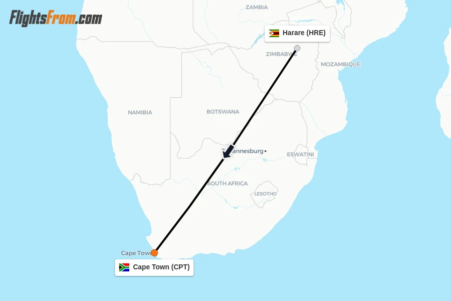 Flights from Harare to Cape Town route map