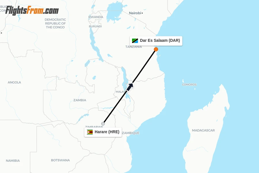 Flights from Harare to Dar Es Salaam route map