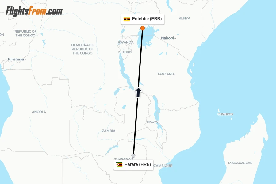Flights from Harare to Entebbe route map
