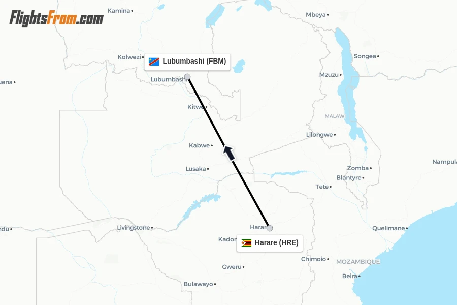 Flights from Harare to Lubumbashi route map
