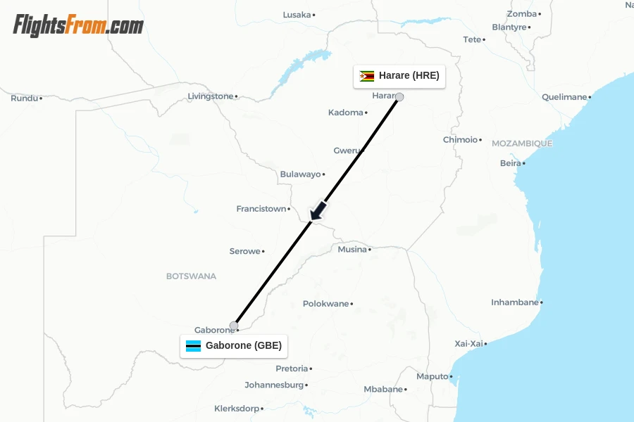 Flights from Harare to Gaborone route map