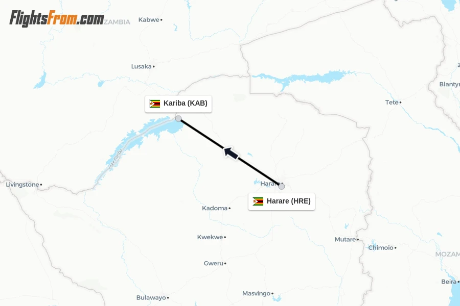 Flights from Harare to Kariba route map
