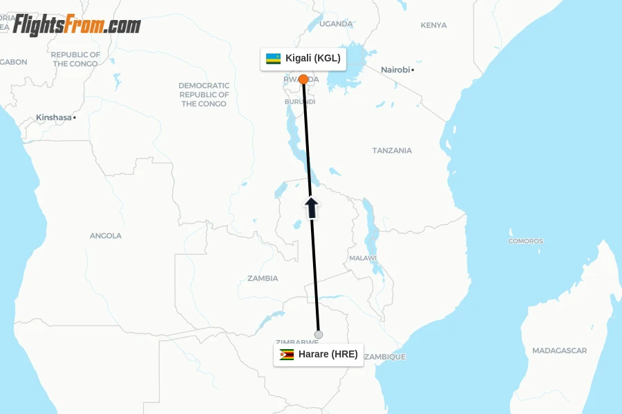 Flights from Harare to Kigali route map