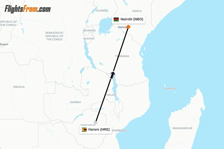 Flights from Harare to Nairobi route map