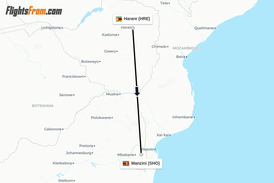 Flights from Harare to Manzini route map