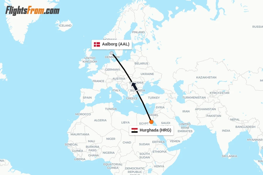 Flights from Hurghada to Aalborg route map
