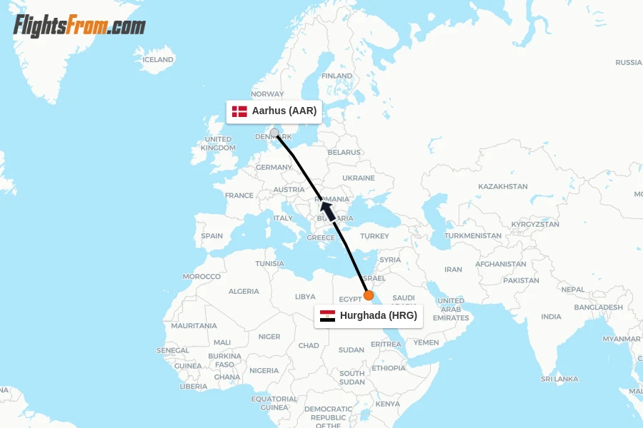 Flights from Hurghada to Aarhus route map
