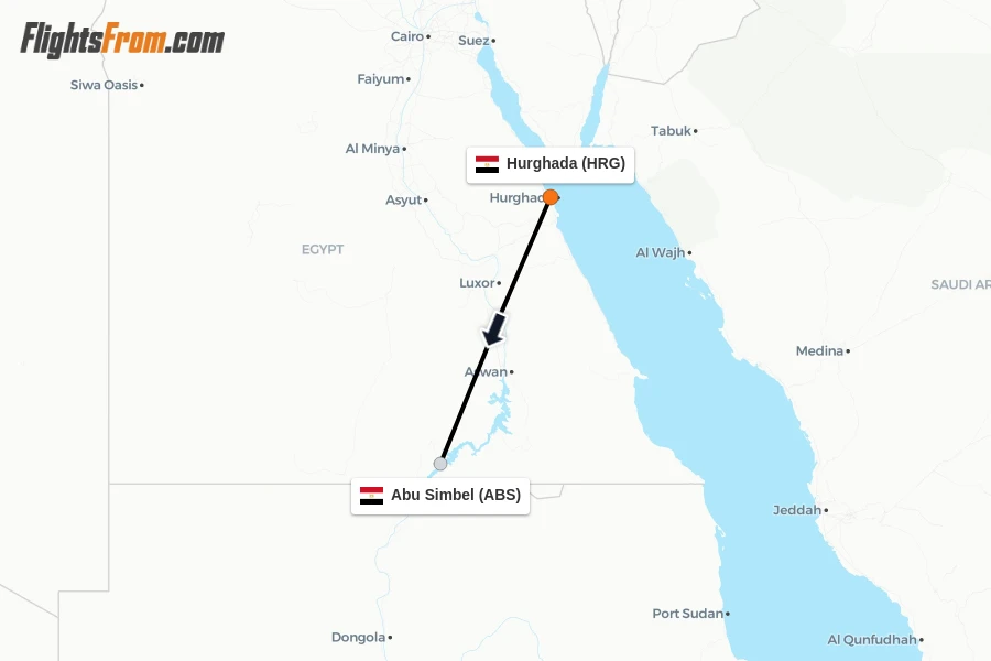 Flights from Hurghada to Abu Simbel route map