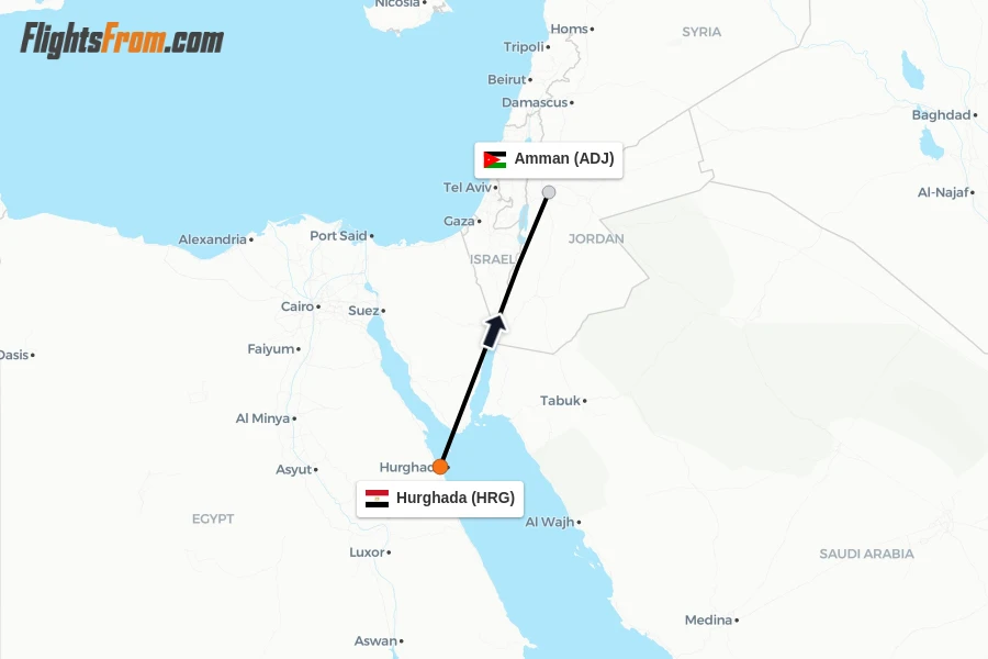 Flights from Hurghada to Amman route map