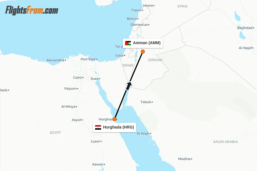 Flights from Hurghada to Amman route map