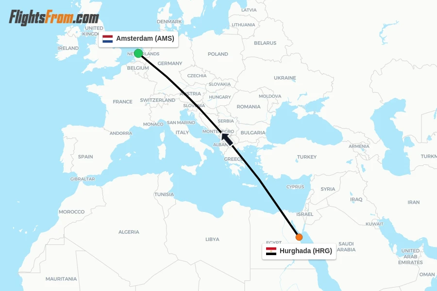 Flights from Hurghada to Amsterdam route map
