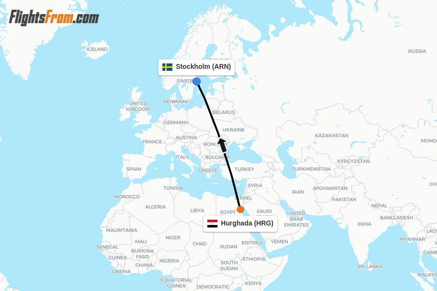 Flights from Hurghada to Stockholm route map