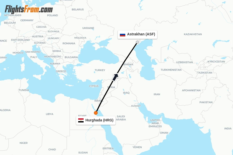 Flights from Hurghada to Astrakhan route map