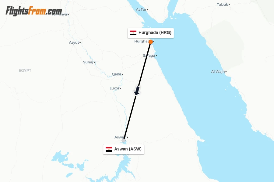 Flights from Hurghada to Aswan route map