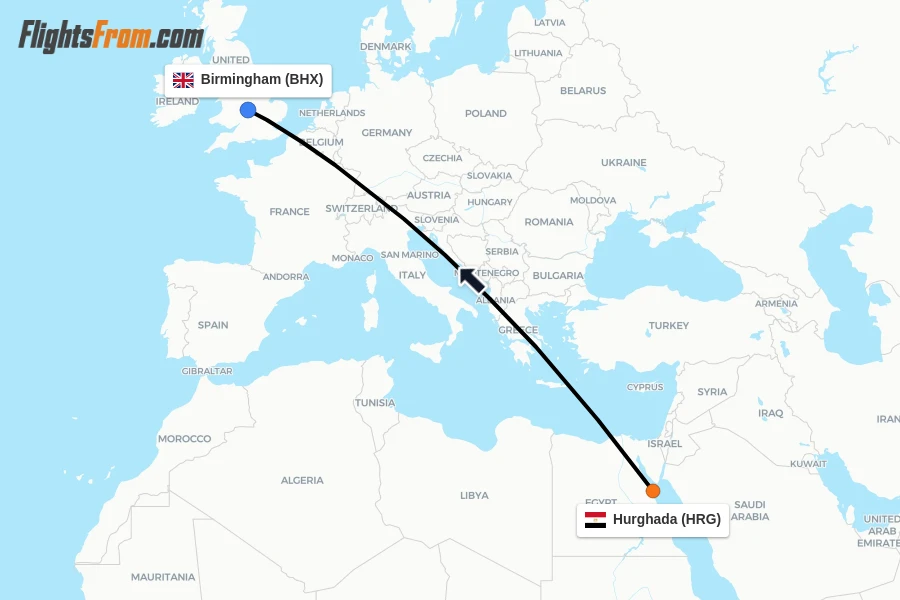 Flights from Hurghada to Birmingham route map