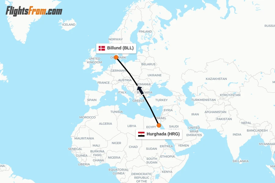 Flights from Hurghada to Billund route map