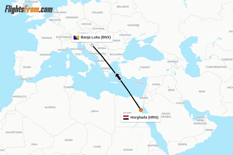 Flights from Hurghada to Banja Luka route map