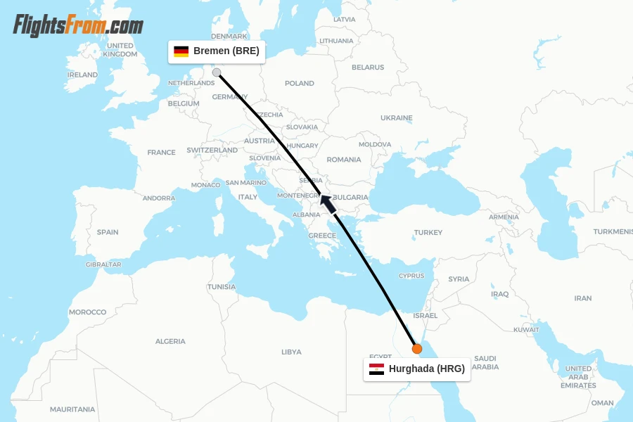 Flights from Hurghada to Bremen route map