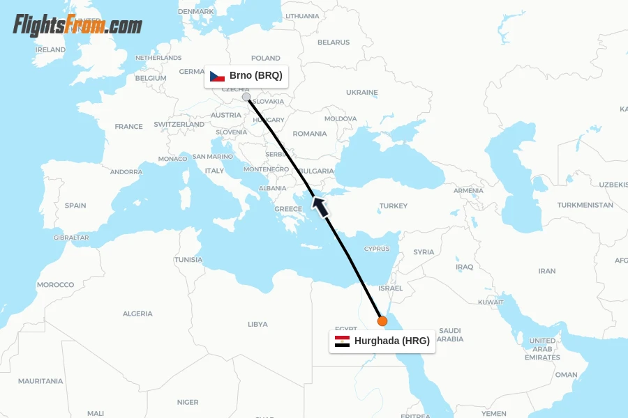 Flights from Hurghada to Brno route map