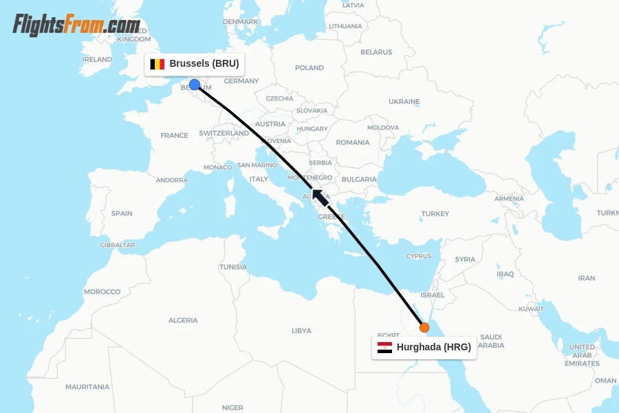 Flights from Hurghada to Brussels route map