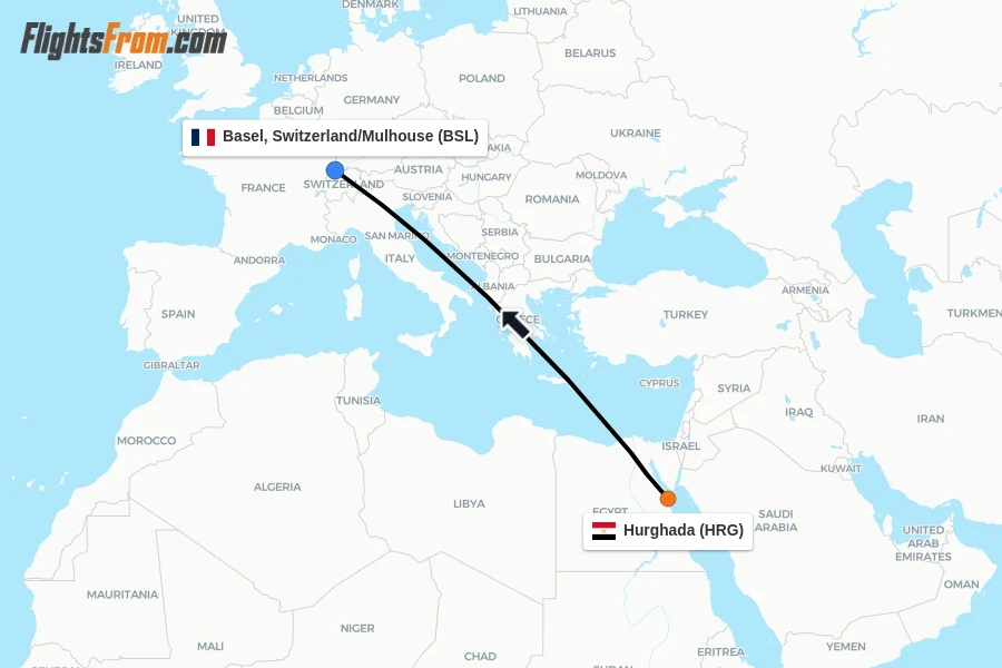 Flights from Hurghada to Basel, Switzerland/Mulhouse route map