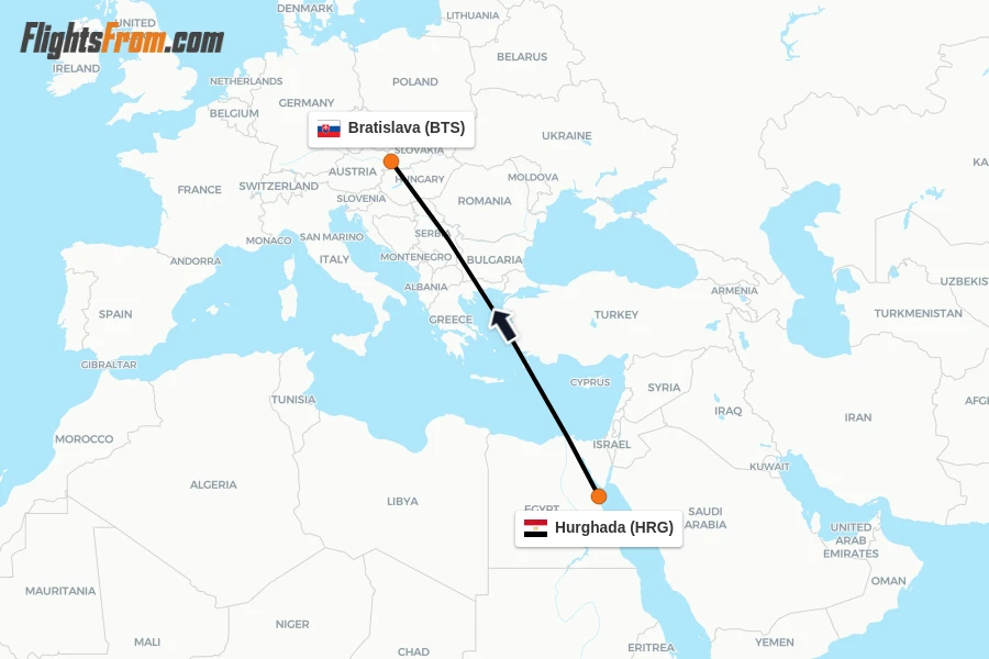 Flights from Hurghada to Bratislava route map