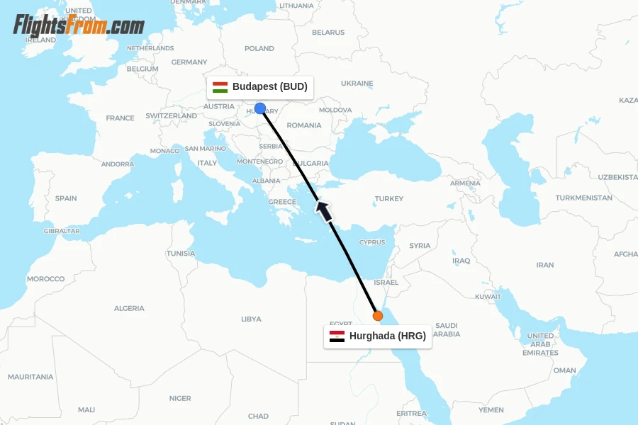 Flights from Hurghada to Budapest route map