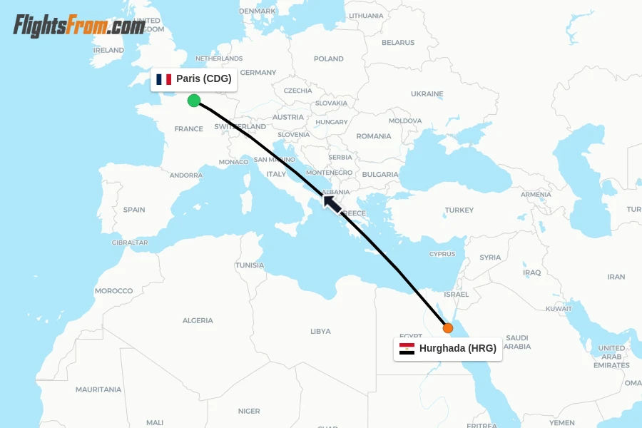 Flights from Hurghada to Paris route map