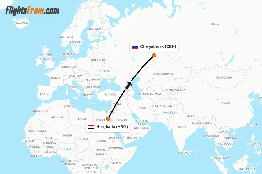 Flights from Hurghada to Chelyabinsk route map