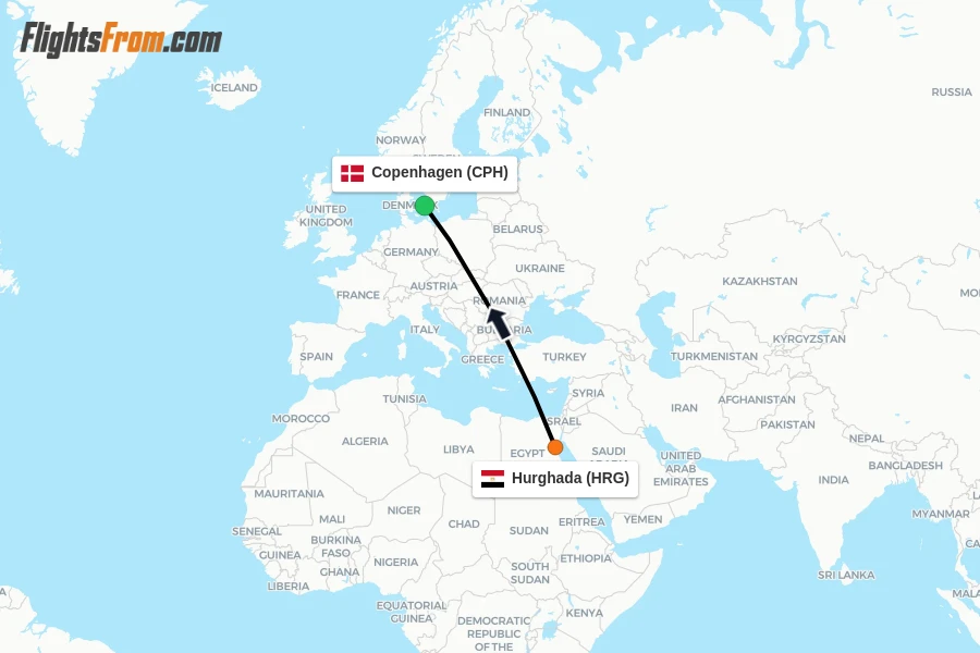 Flights from Hurghada to Copenhagen route map