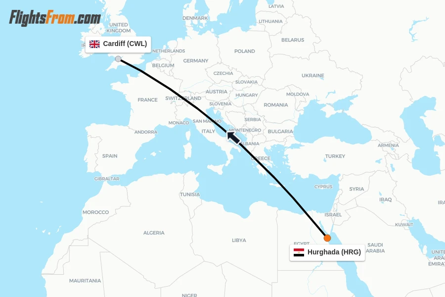 Flights from Hurghada to Cardiff route map