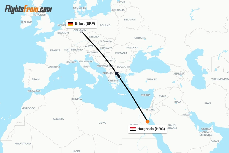 Flights from Hurghada to Erfurt route map