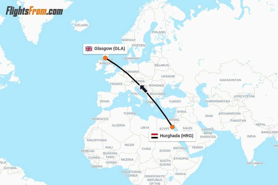 Flights from Hurghada to Glasgow route map