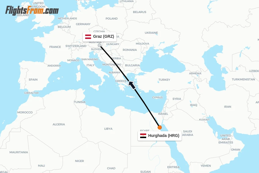 Flights from Hurghada to Graz route map