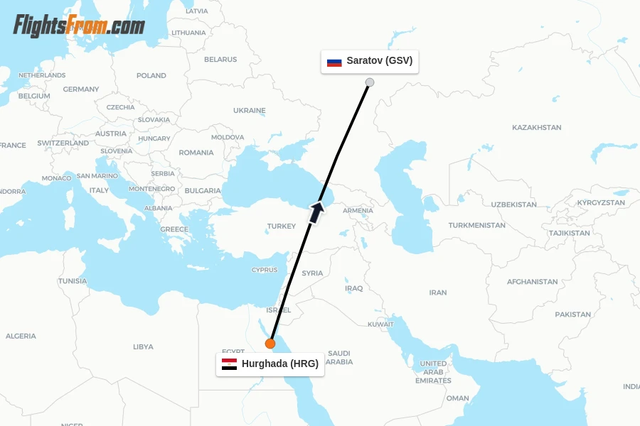 Flights from Hurghada to Saratov route map