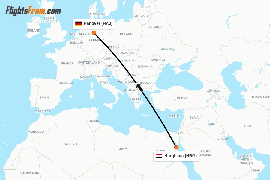 Flights from Hurghada to Hanover route map