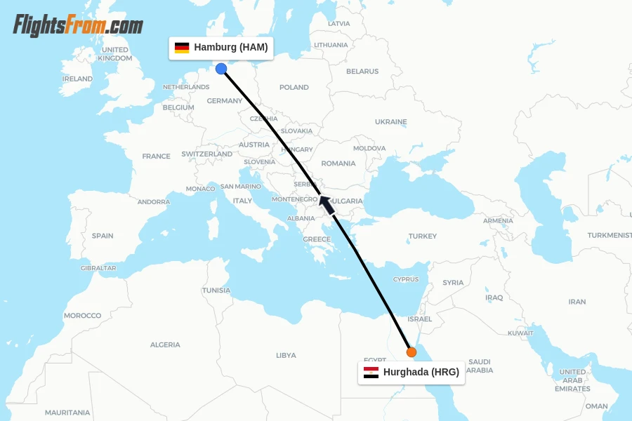 Flights from Hurghada to Hamburg route map