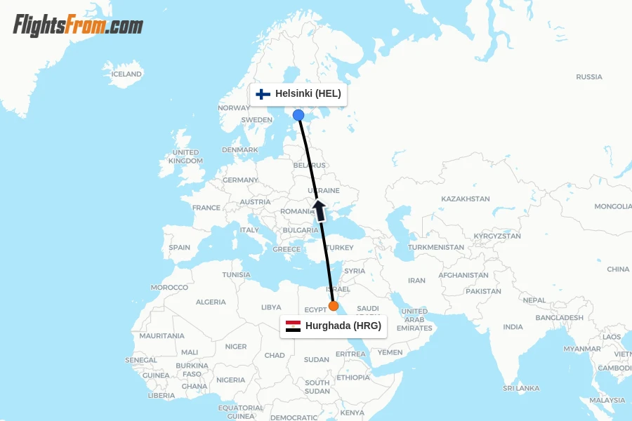 Flights from Hurghada to Helsinki route map