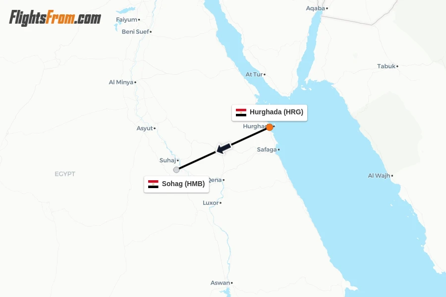 Flights from Hurghada to Sohag route map