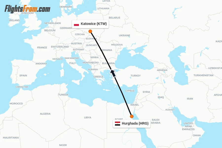 Flights from Hurghada to Katowice route map