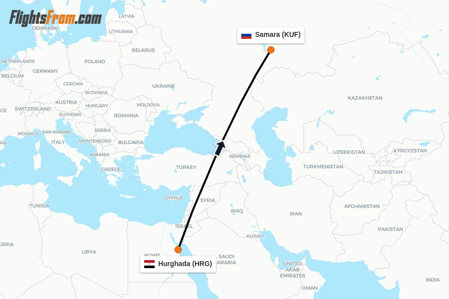 Flights from Hurghada to Samara route map