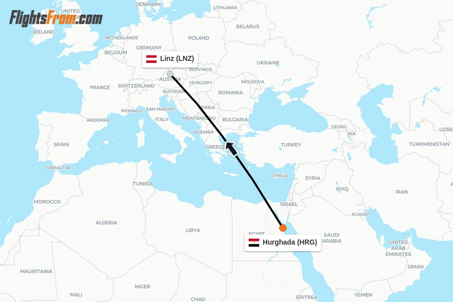 Flights from Hurghada to Linz route map