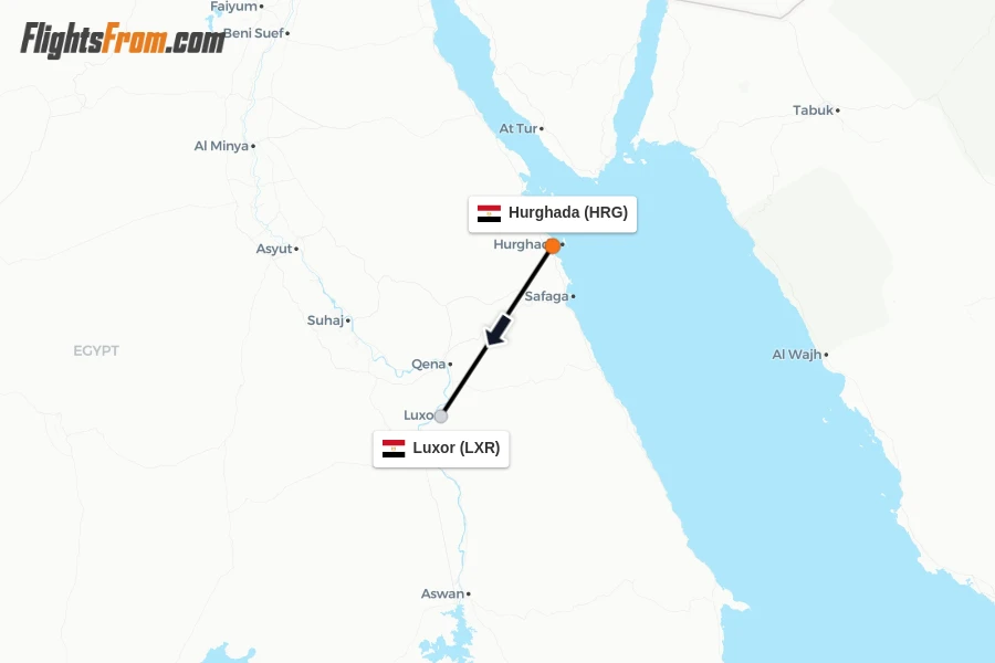 Flights from Hurghada to Luxor route map